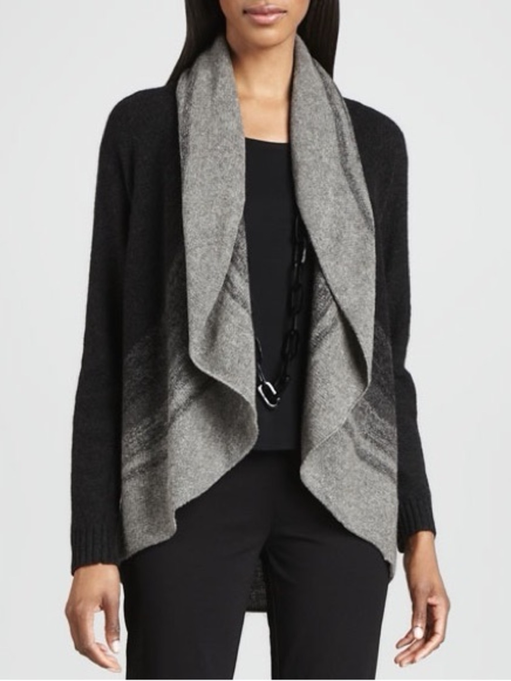 Eileen Fisher Black and Gray Open Front Cardigan